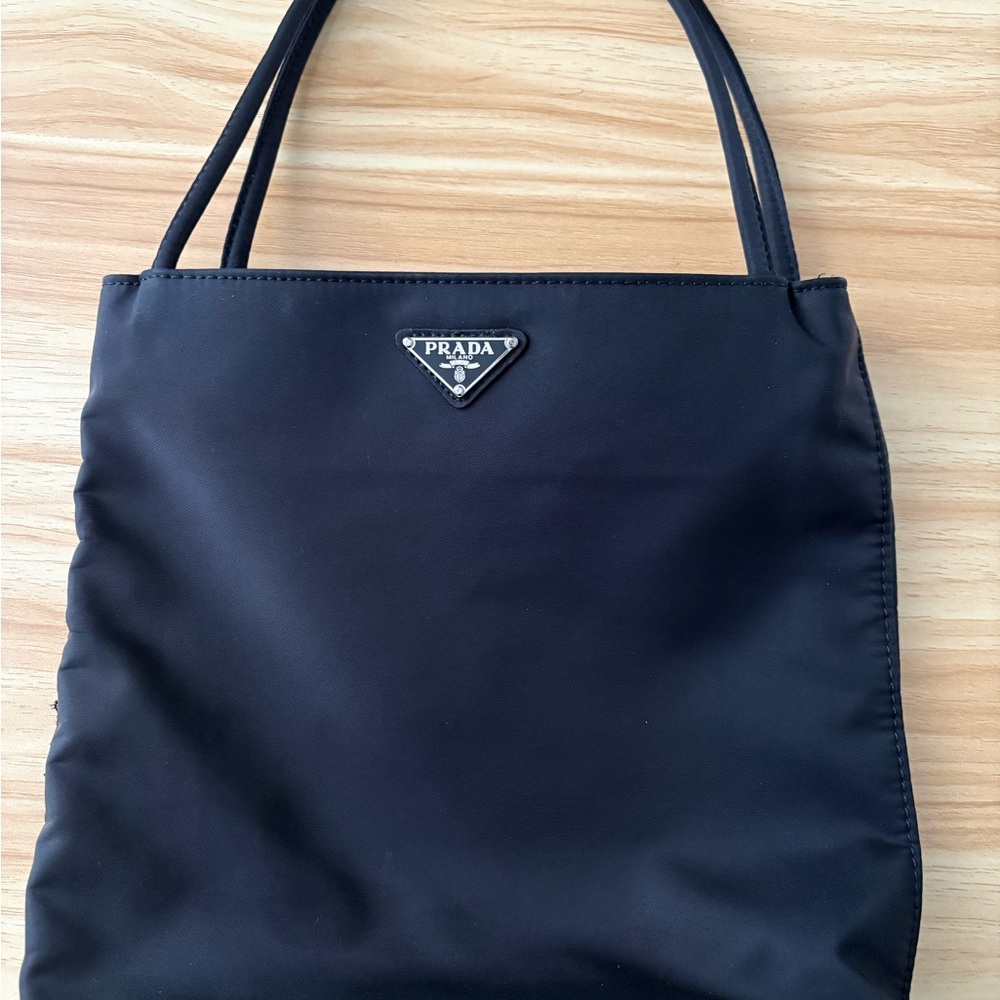 Prada Tessuto Black Polyamide Silver Vertical Tote Bag Designer VTG Minimalist